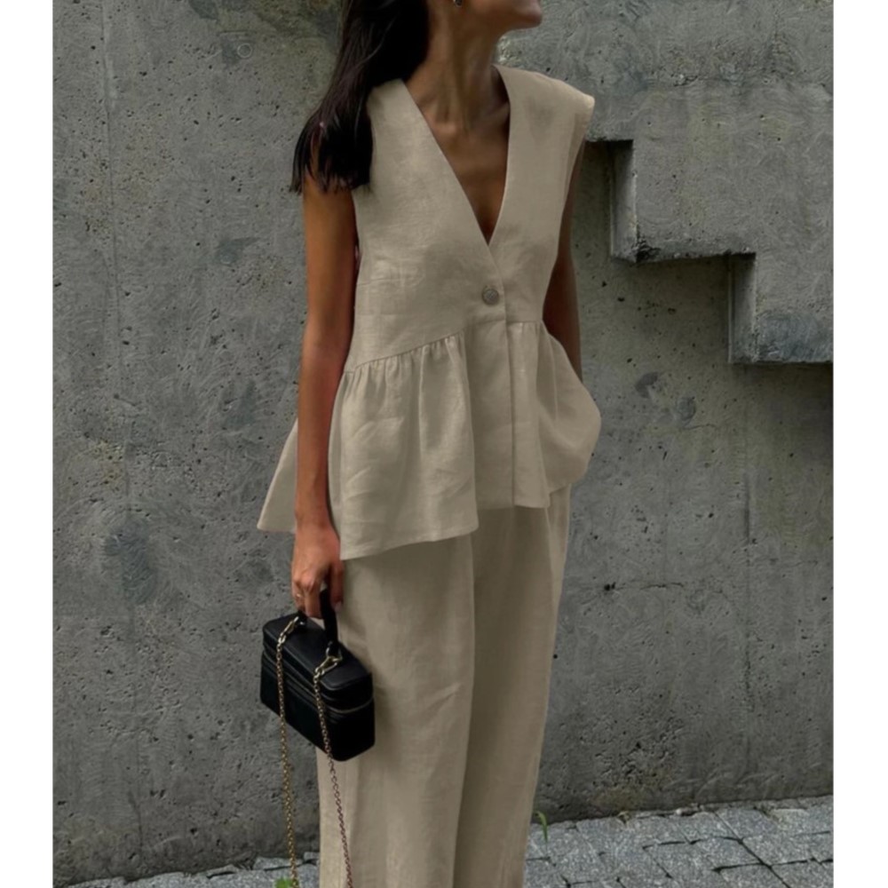 Ensemble gilet et pantalon Long sans manches en coton, haut Sexy à col en v, couleur unie, tempérament, ensemble deux pièces pour femmes