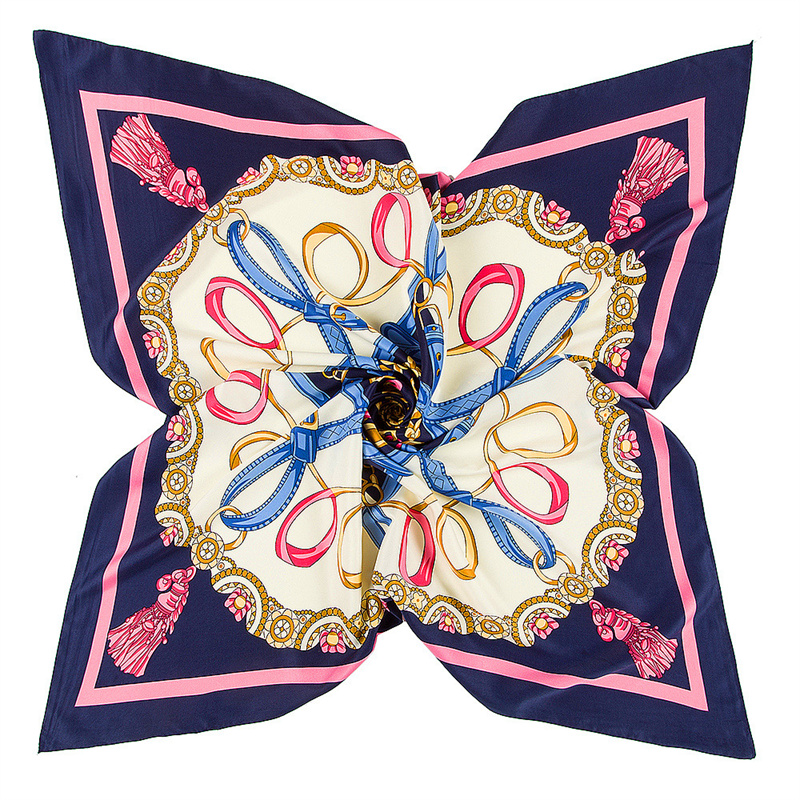 Foulard en soie femmes grands châles ceinture chaîne impression carré Bandana luxe foulard musulman Hijab écharpe femme Foulards 130CM