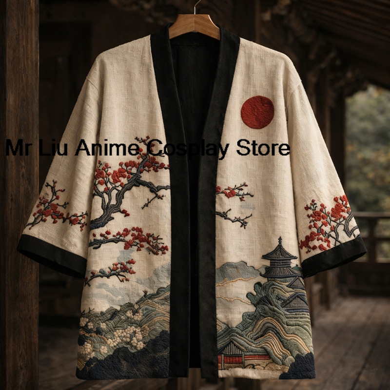 Cardigan Kimono Japonais Traditionnel 3D Yukata Haori Vintage Imprimé à Demi-Manches Costume de Cosplay Samouraï Chemise Ample pour Homme