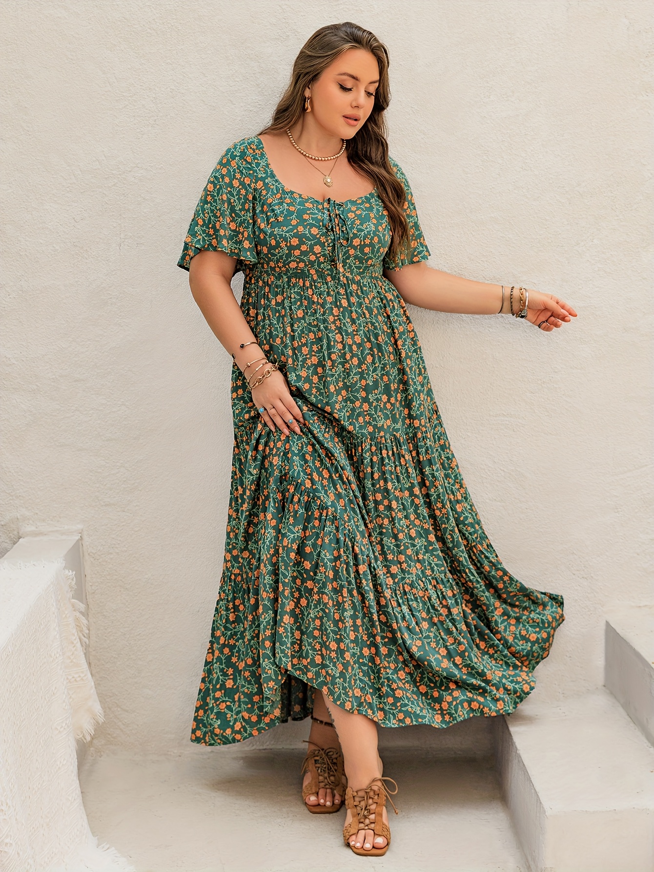 Robe longue bohème grande taille pour femme, col français, imprimé ajustable à nouer, style chic bohème