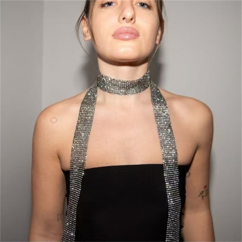 Écharpe en maille à strass pour femme, longue écharpe scintillante, collier ras-du-cou, écharpe de cou en cristal brillant, or, argent, noir, accessoire de soirée et de club 2026