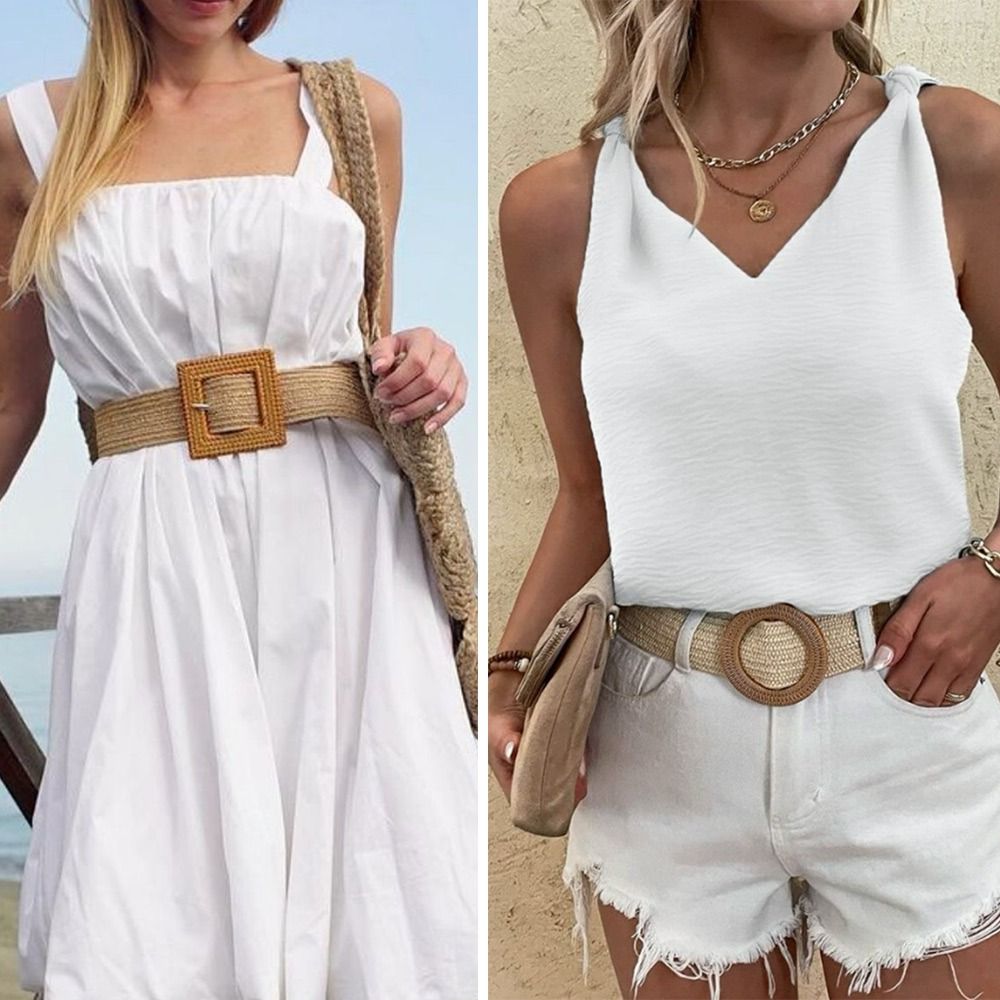 Mode femmes ceinture de paille décontracté bohème large ceinture été tressé ceinture boucle élastique femme paille taille ceinture
