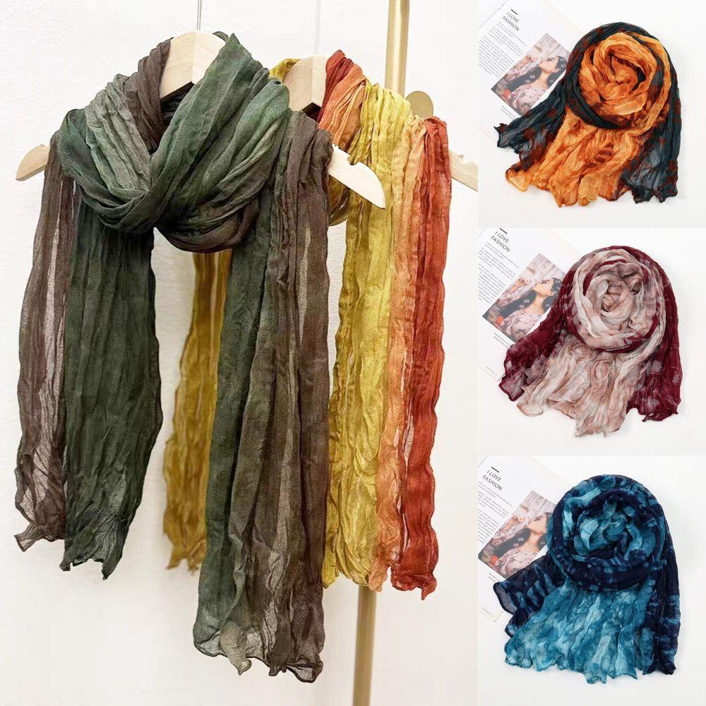 Écharpe d'hiver pour femmes coton chanvre dégradé bleu automne hiver rétro polyvalent imprimé femmes longue pli châle élégant Bandana