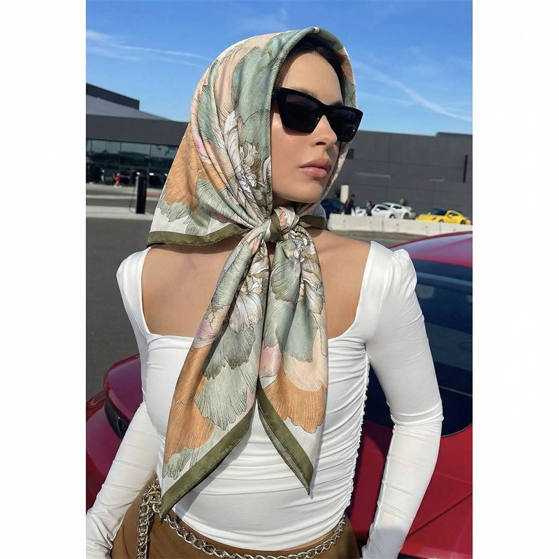 Foulard carré en soie pour femme, marque de luxe, imprimé satiné, hijab, écharpe musulmane, paréo, bandana, châle, bandeau, 90 cm