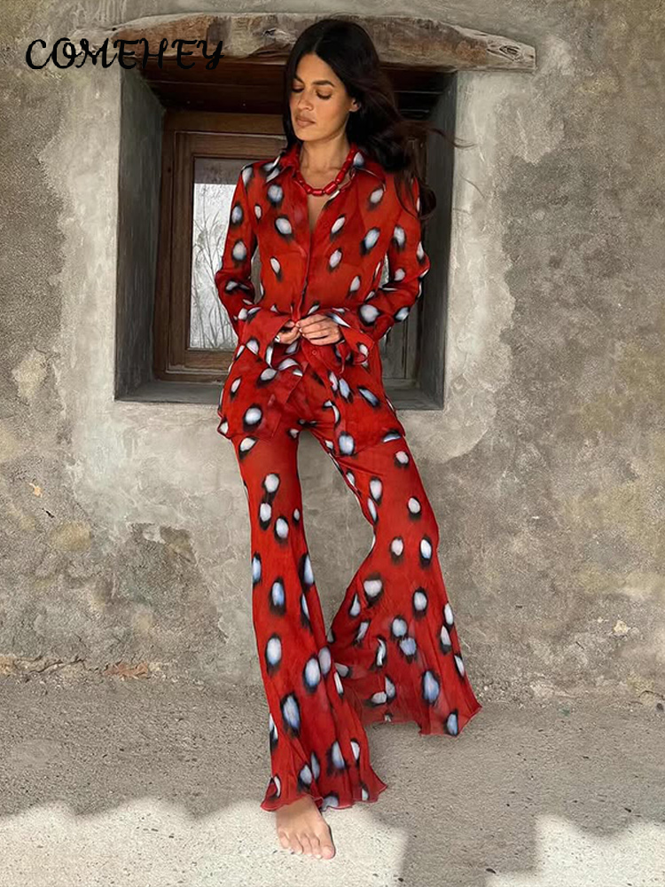 Ensemble chemise et pantalon imprimé pour femme, idéal pour les vacances à la plage, rouge, transparent, col à revers, manches longues, chemise boutonnée et pantalon, tenue décontractée été 2026