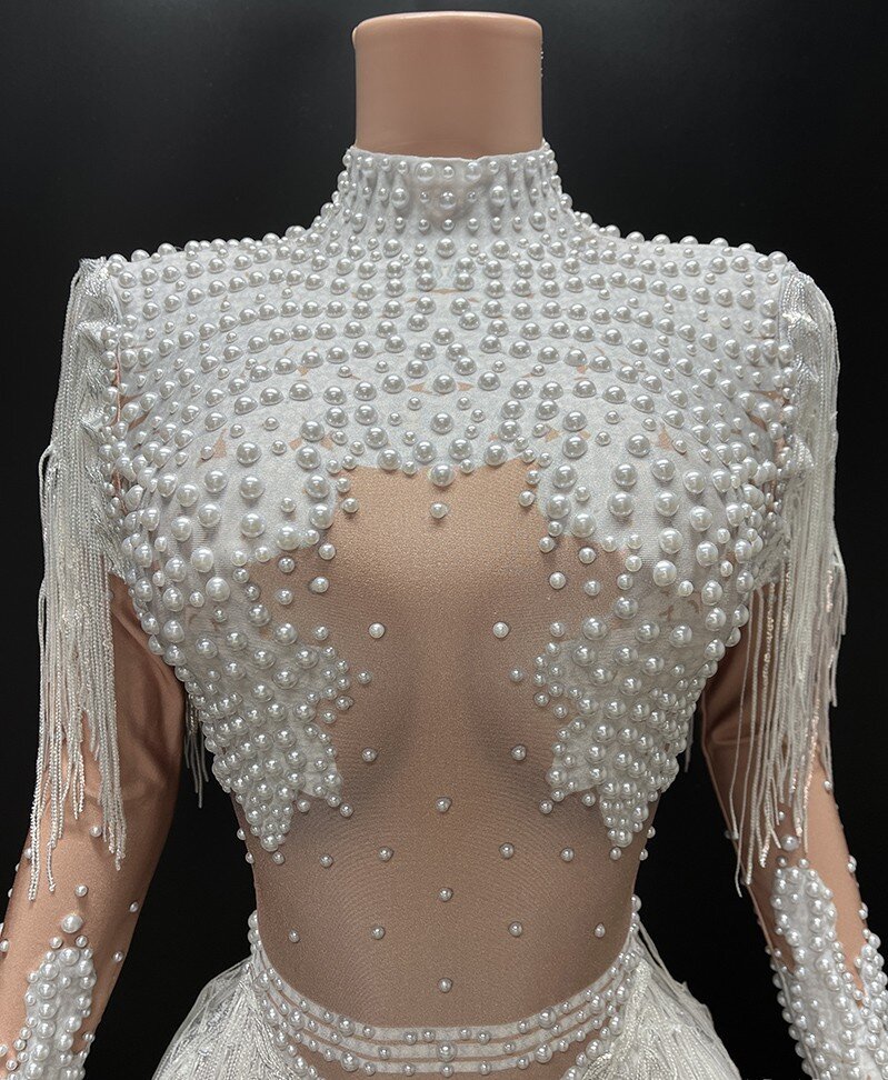 Body extensible à manches longues et col roulé pour femmes, clouté avec pompons et perles, Costumes de scène de Showgirl pour occasions spéciales, robe de danseuse