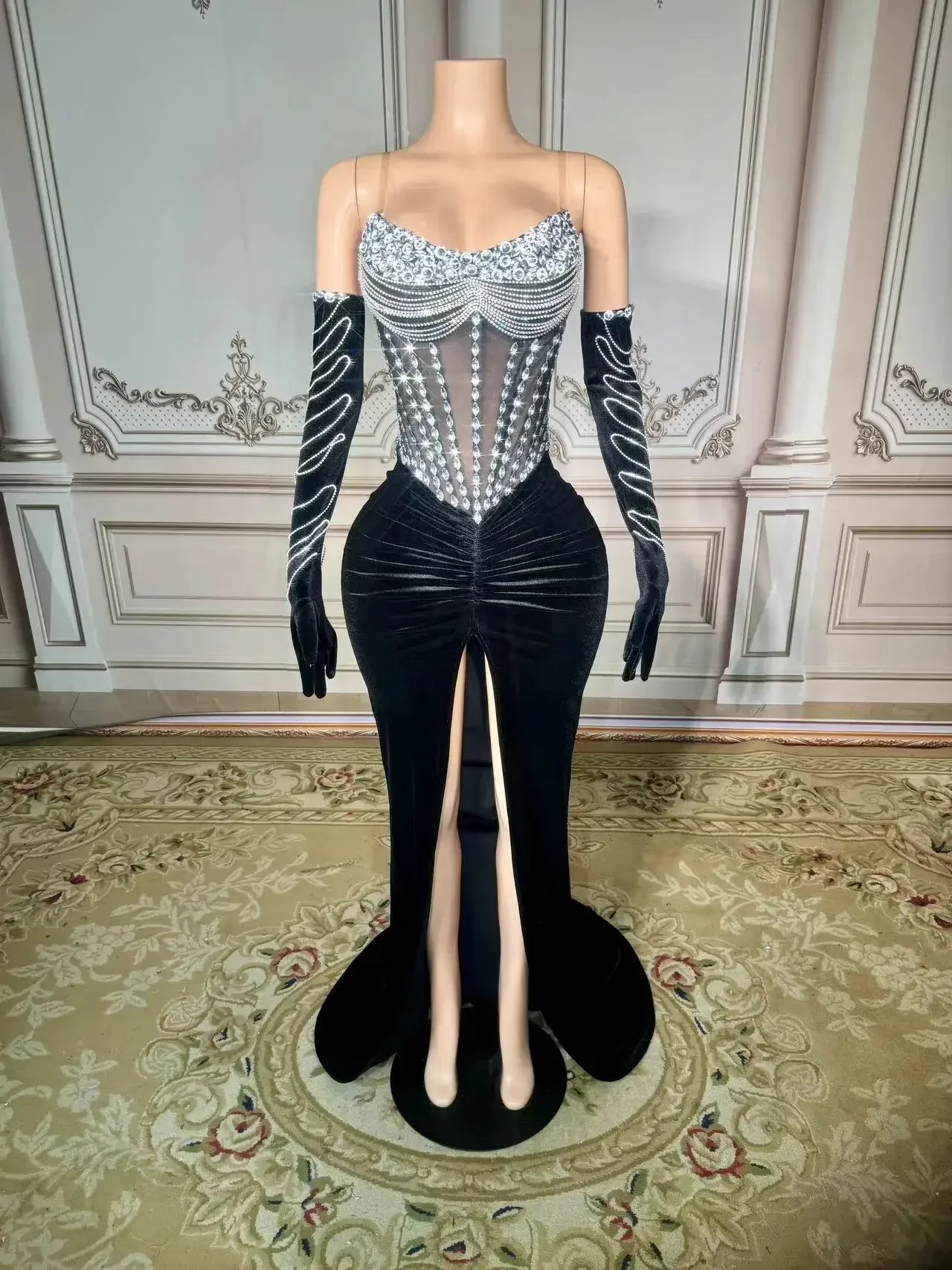 Robe longue en velours noir pour femme, maille transparente, manches longues, boîte de nuit, vêtements de soirée, costume de scène