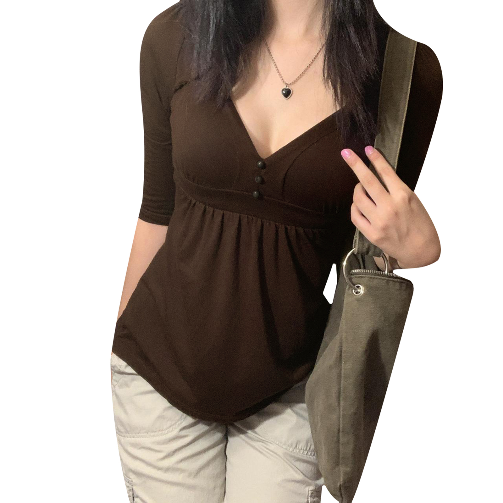 Chemise à manches longues et col en V pour femmes, chemise à boutons, ourlet de poitrine, t-shirt en Y, décor de document solide, vêtements pour femmes, années 2000