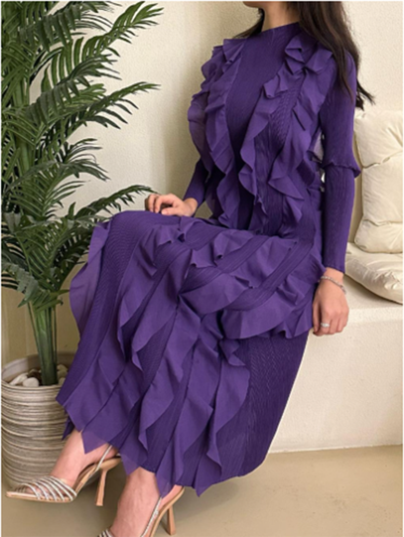 Robe plissée Miyake 2026 à col roulé en dentelle, plissée épaisse, manches longues, décontractée, élégante, de créateur, vêtements vintage