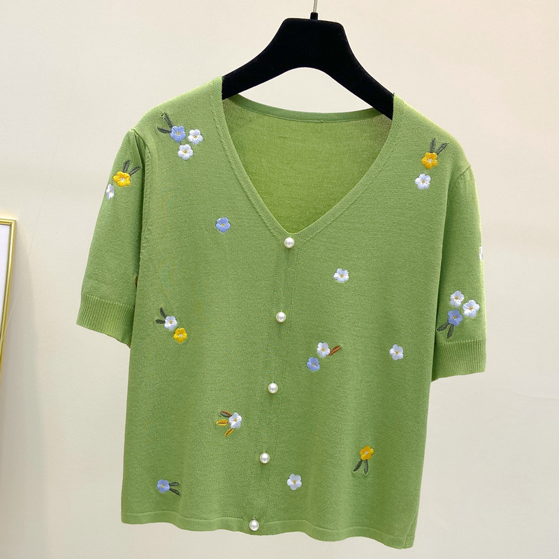 T-shirt femmes 2025 été col en v coton pull femmes broderie décontracté hauts fleur femmes vêtements t-shirts mince tricot pull