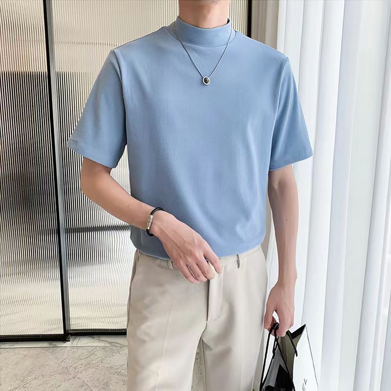 ChimFashion-T-Shirt à Manches Courtes pour Homme, Vêtement à Col Mi-Haut, Solide, Respirant, Slim, Simple, Décontracté, Polyvalent, Collection Été