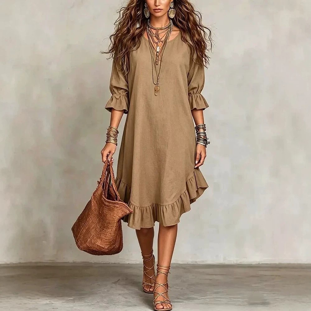 Robe élégante à col en V et manches mi-longues avec détail volanté à l'ourlet, en tissu tissé européen et américain, mode féminine 2026