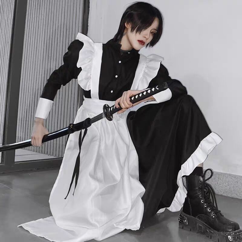 Tenue de femme de chambre gothique pour hommes et femmes, tenue de cosplay anime, robe longue Lolita japonaise, tablier noir et blanc, 73Costume XXXL