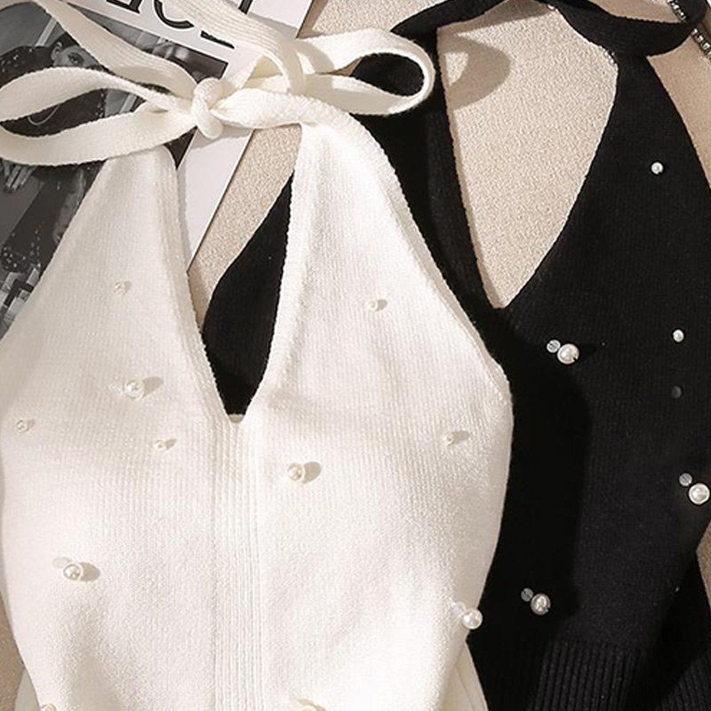 Mode française perlée licou cou cravate noeud dos nu tricoté gilet pour les femmes