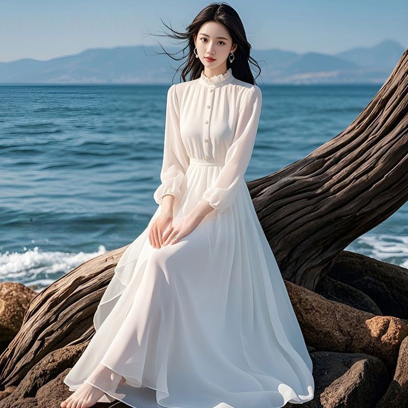 Printemps été femmes robe 2025 nouveau bohème plage longues robes en mousseline de soie dames élégantes manches longues robe d'été mince dames robes