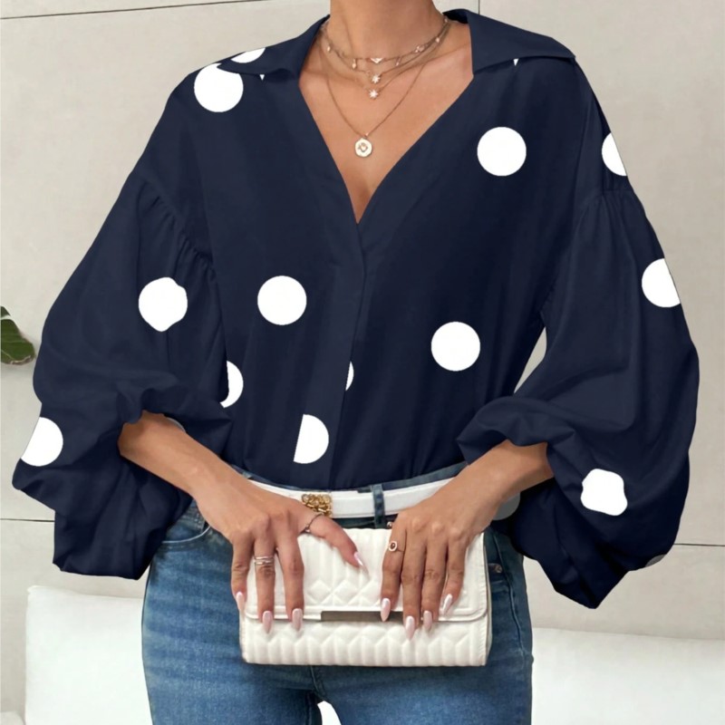 Boho femmes Blouses printemps automne nouvelle mode français à pois demi-cou conception ample bouffée à manches longues haut chemises décontractées femmes