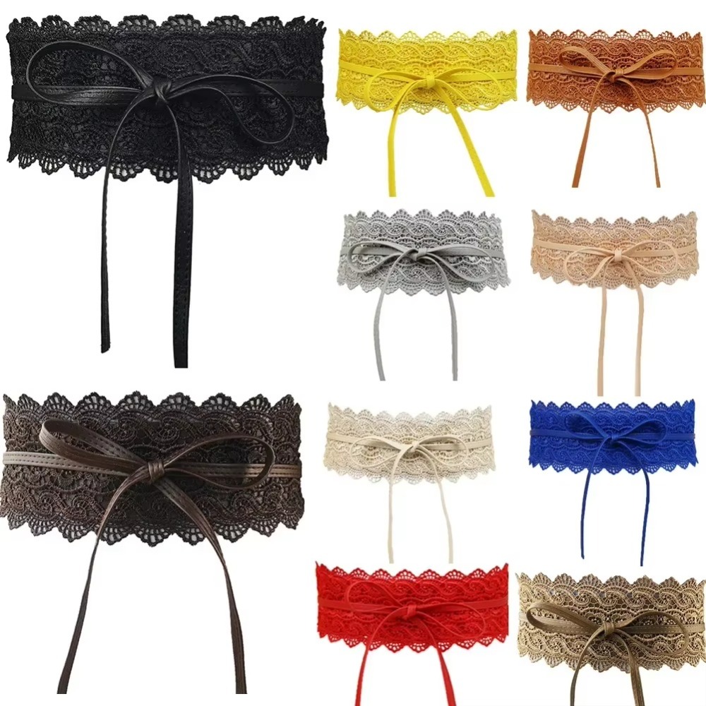 Boho Style Soft Lace Waist Belt Wide Self Tie Bow Tie Belt Cinched Waistband Wrap Around PU Leather Belt for Dresses