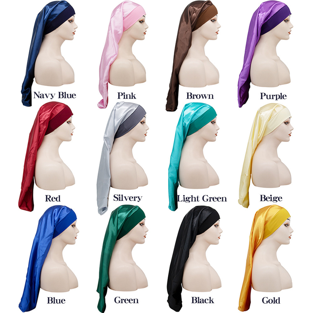 Bonnet de nuit Long en Satin pour femmes, Bonnet de nuit soyeux avec large bande élastique, Turban de soins capillaires pour cheveux lisses et bouclés