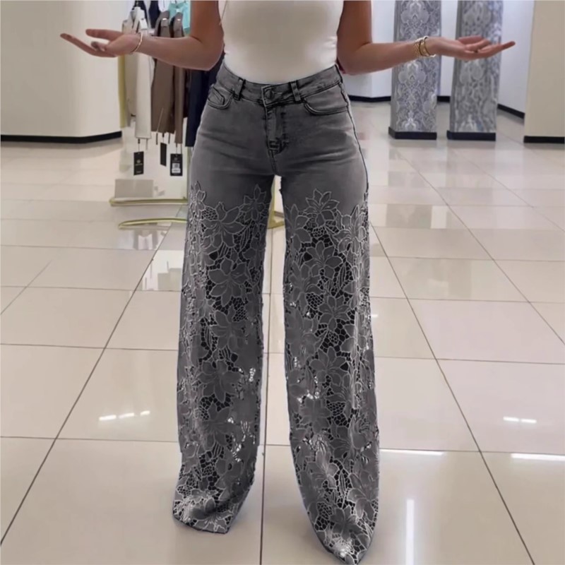 Jean élégant en dentelle pour femmes, taille haute, Patchwork, ajouré, surdimensionné, décontracté, ample, assorti avec tout, printemps