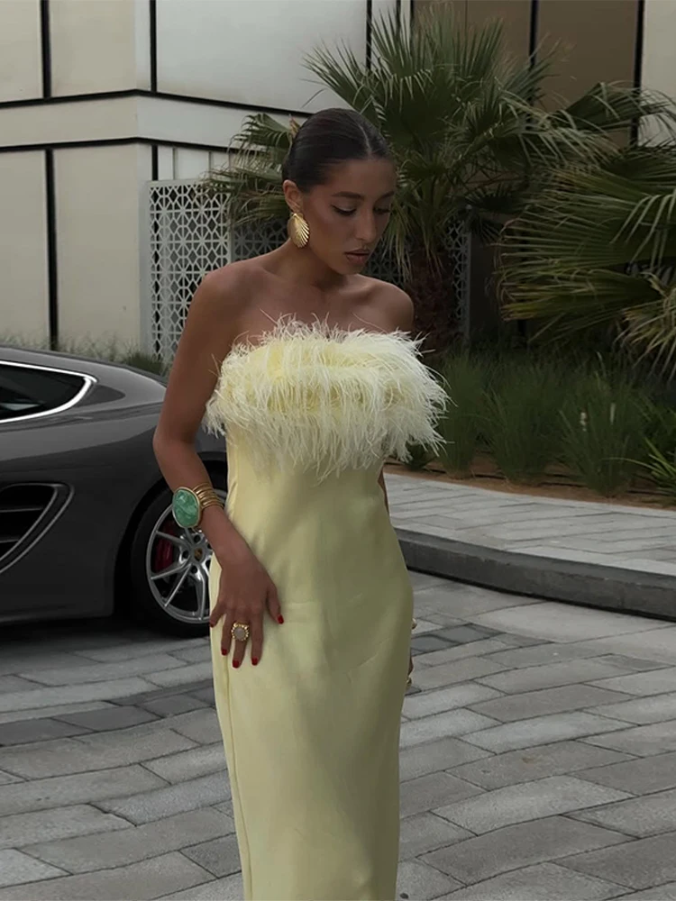 Robe Maxi en Satin uni à franges pour femmes, élégante, sans bretelles, sans manches, taille cintrée, robes longues, vacances d'été, nouvelle collection 2025