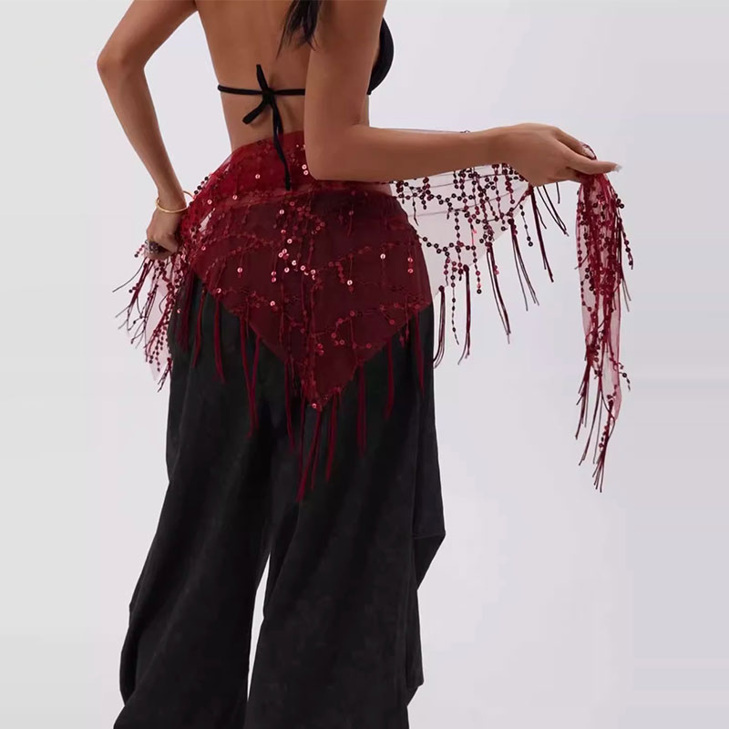 Nouvel accessoire féminin : Foulard triangulaire 2-en-1 à pois avec sequins et pompons, utilisable comme ceinture, foulard de hanche ou bandeau, idéal pour la danse jazz