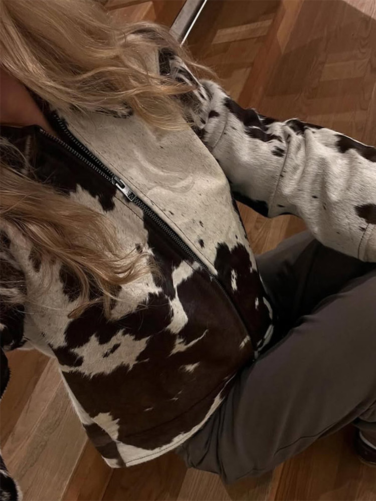 Rue léopard femmes veste courte élégant revers fermetures éclair manches longues évasées vêtements d'extérieur pour femmes 2025 automne mode dame Streetwear