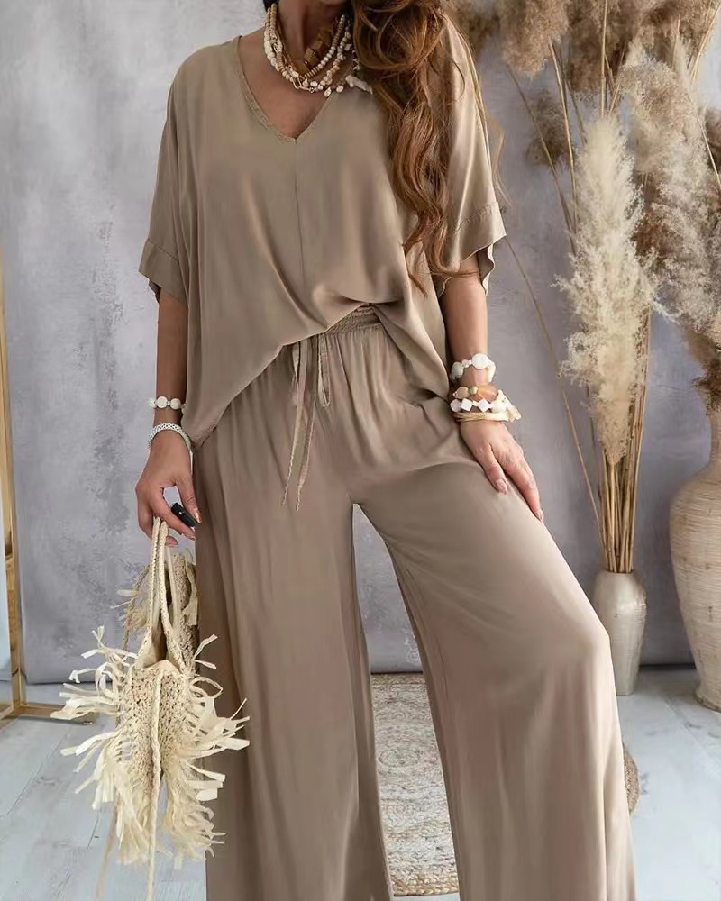 Ensemble deux pièces décontracté pour femme, pantalon à jambes larges, col en V, manches chauve-souris, tenues de documents solides, été, 2023 ensembles pantalons ensemble pantalon femme chic et élégante ensemble femme