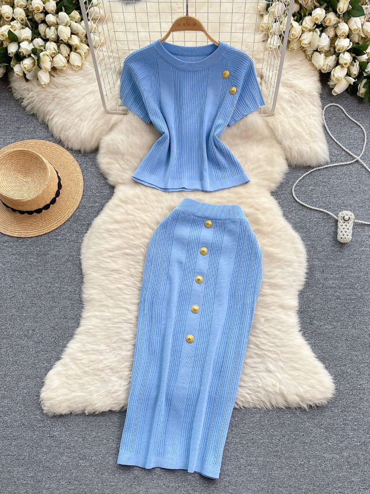 Ensemble jupe deux pièces pour femmes, robe, manches courtes, hauts tricotés, taille haute, jupes longues, épissure élégante, Streetwear Y2k, travail