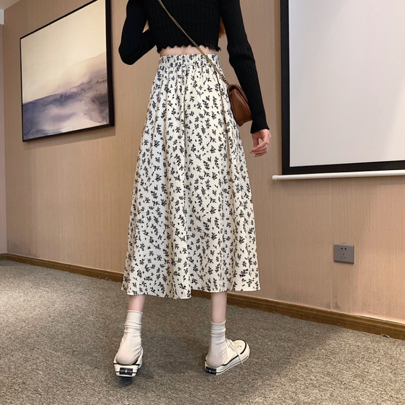 Jupe décontractée printemps-été pour femme, jupe trapèze tendance, jupe en mousseline imprimée florale vintage, jupe midi taille haute élastique