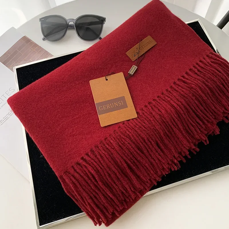 Écharpe en cachemire pour femme, châle Pashmina épais et chaud, enveloppe de couleur unie avec pompon, couverture pour dame, Bufanda, Hijab, hiver 2024