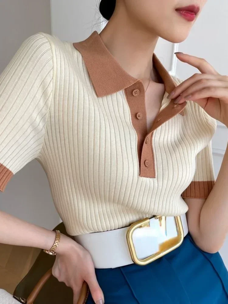 T-shirts d'été tendance pour femmes, T-shirt polo ajusté pour femmes, T-shirt en soie glacée tricoté à col, Crop top élégant en tricot