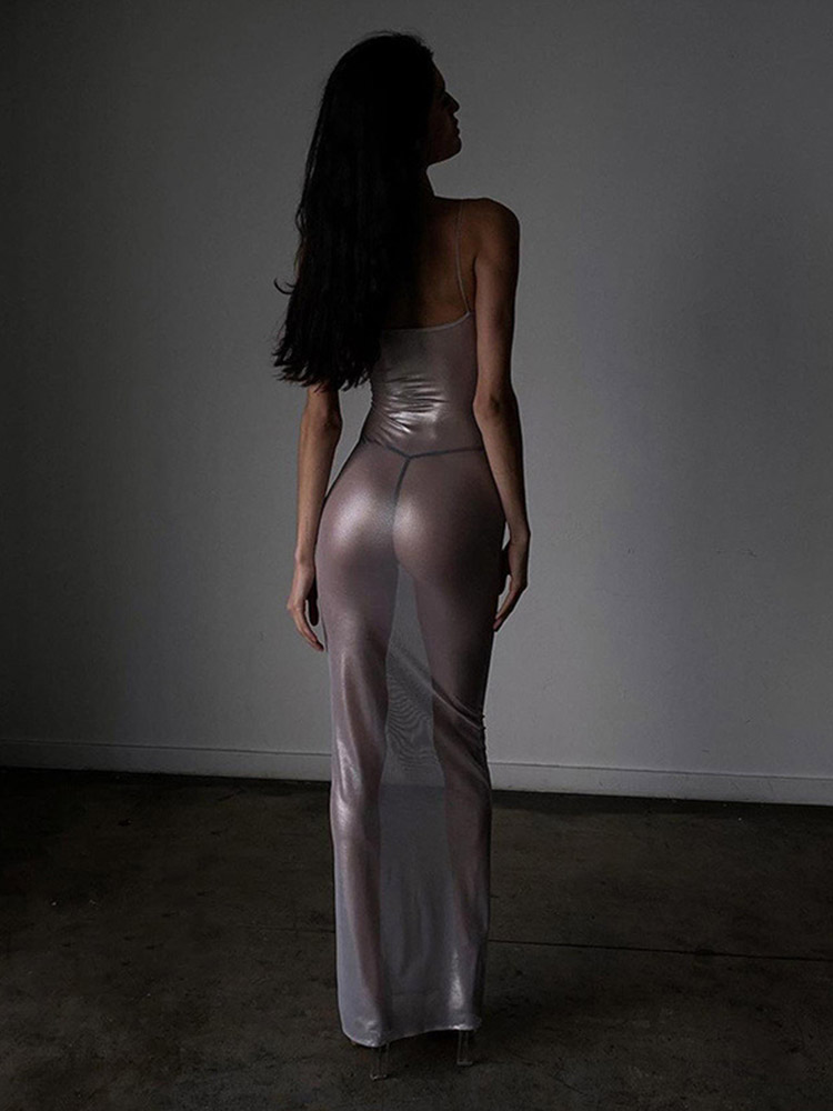Robe Maxi transparente pour femmes, Sexy, à bretelles, façonnant le corps, superbe tenue Hipster