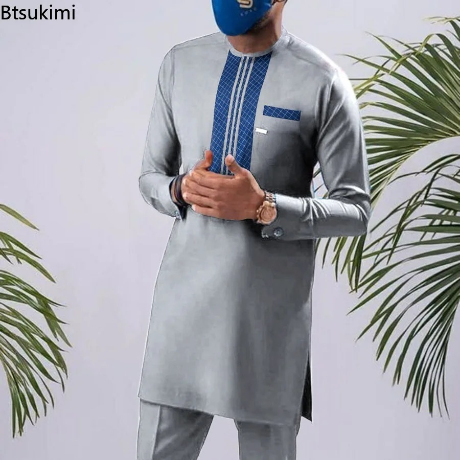 Ensemble Homme Tenue de Mariage Africaine Perles Manches Longues Haut et Pantalon Kaftan Vêtements Traditionnels Costumes Ethniques Décontractés Costume 2 Pièces pour Homme