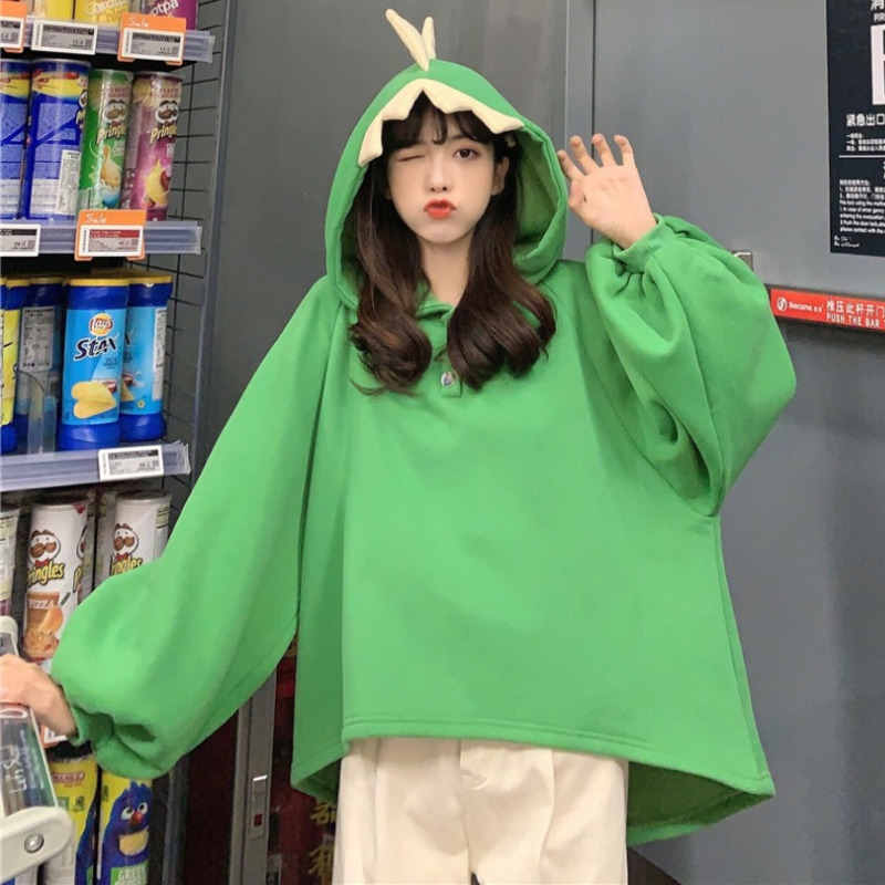 Automne femmes dessin animé corne de dinosaure casquette à capuche Harajuku sweats mignon avant court dos Long Halloween Dragon forme pulls