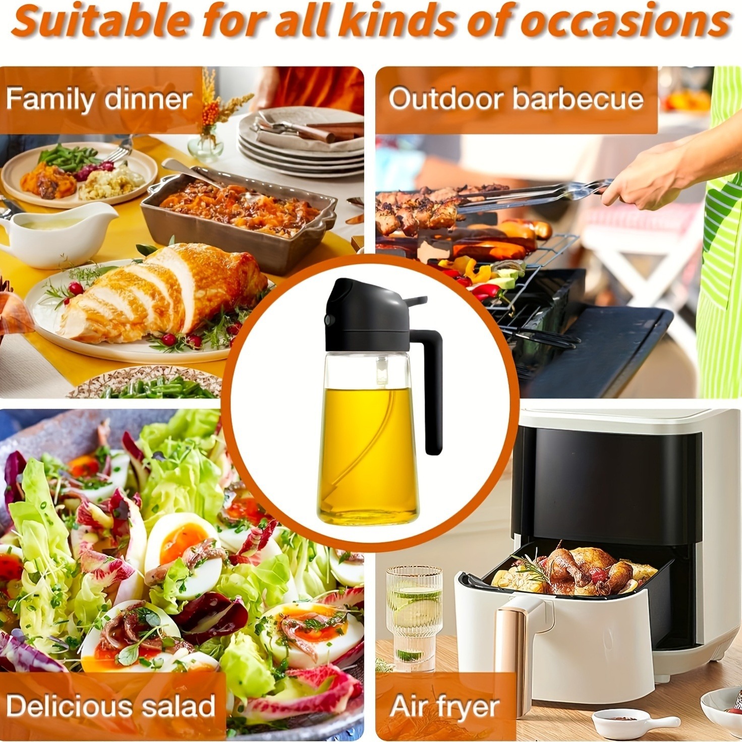 Bidon et injecteur d'huile 2-en-1 de 470 ml, pour huile d'olive, adapté à la cuisson, à la friteuse à air, aux salades, au barbecue (blanc)