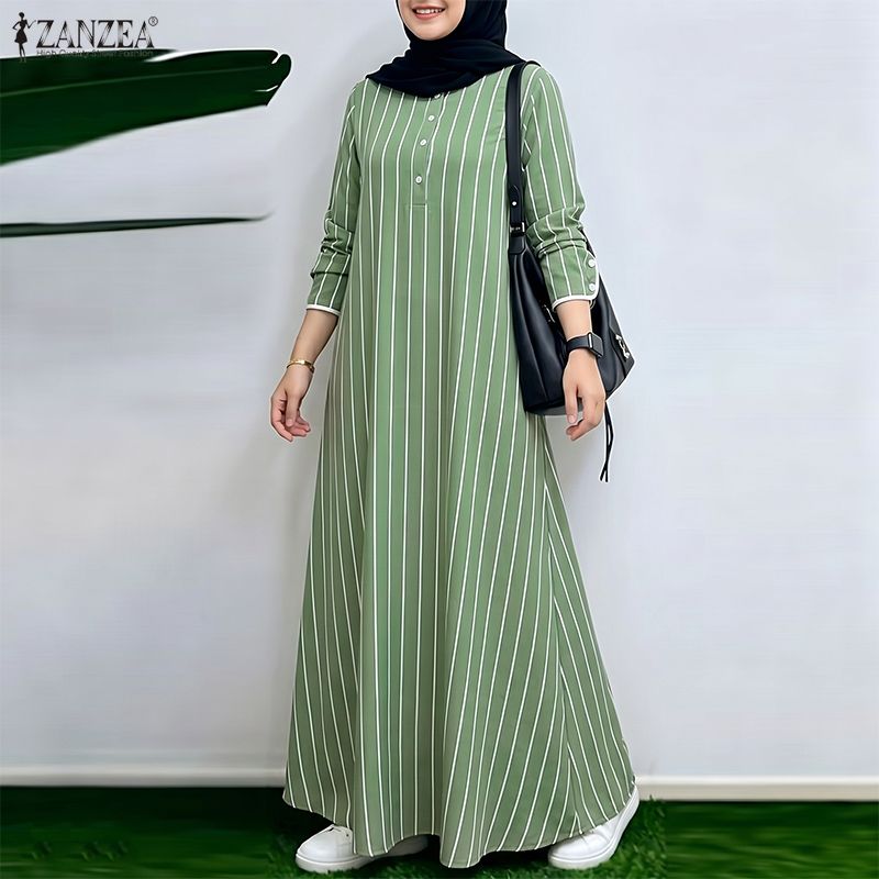 Robe longue rayée modeste musulmane pour femme, décontractée, ample, col rond, manches longues, avec bordure contrastante, Abaya, Kaftan islamique ZANZEA pour Hijabis