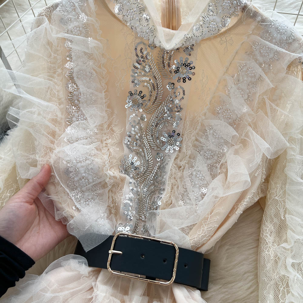 Robe de soirée longue en maille pour femmes, tenue à volants, col montant, manches longues, ligne A épissée, taille haute, pour mariage
