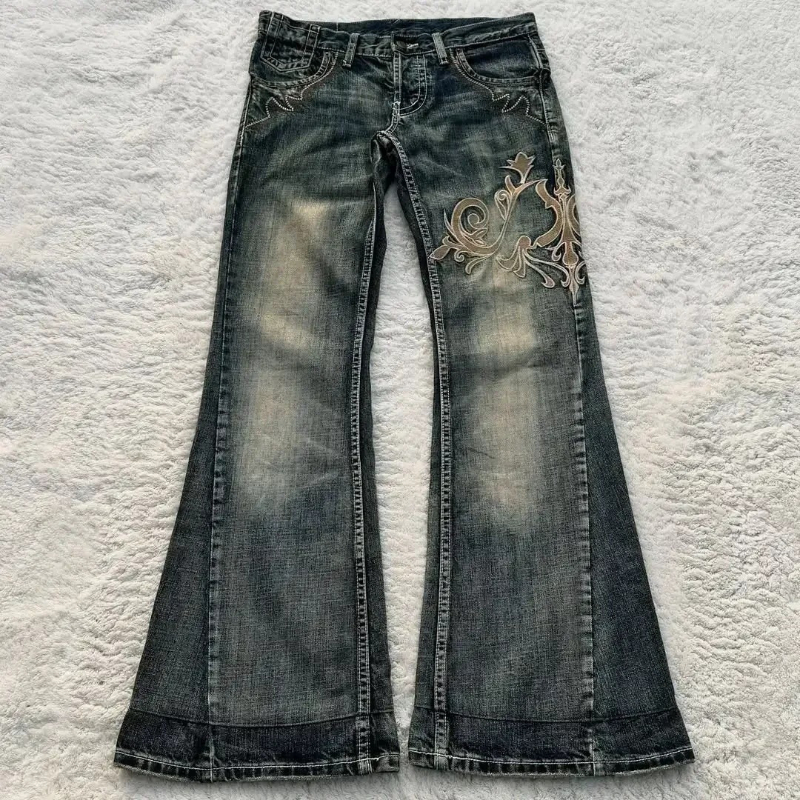 Jeans pour hommes Harajuku Vintage Streetwear, denim délavé et déchiré, pantalon à double taille, micro-évasé, coupe ample, long, décontracté, neuf