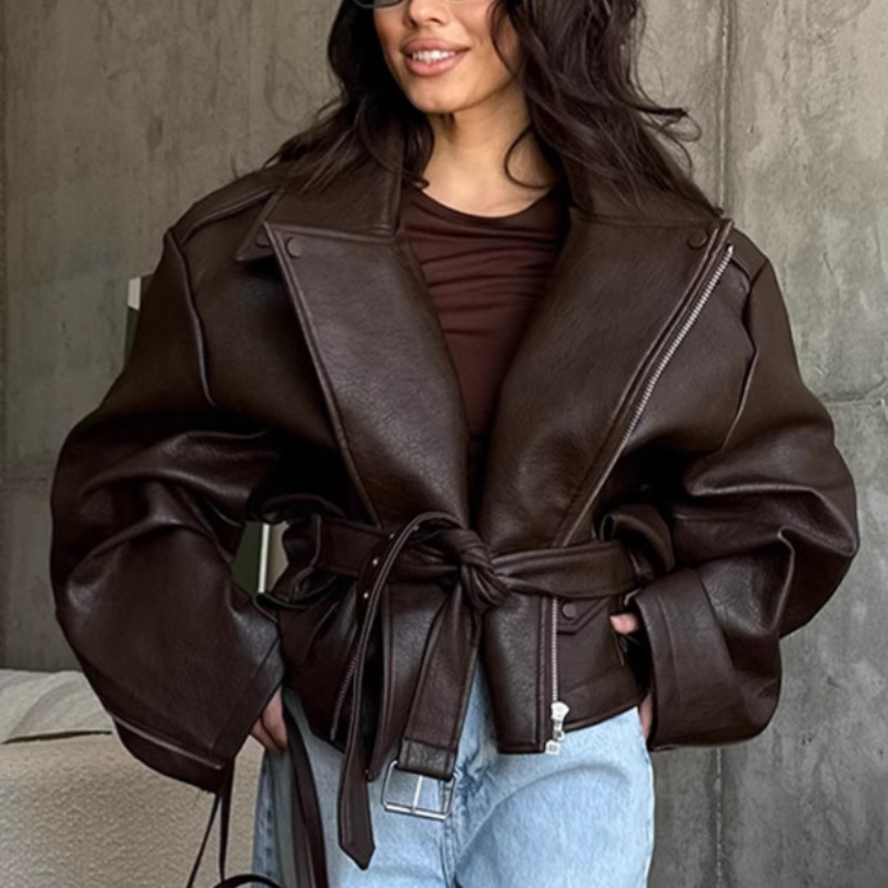 Veste en simili cuir pour femmes, printemps été, ceinture, chic, élégante, rétro, minimaliste, confortable, décontractée, tendance, tendance, polyvalente