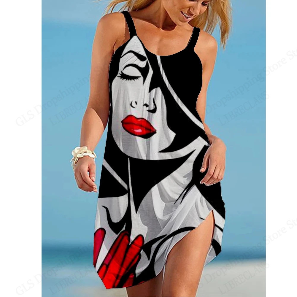 Nouvelle robe africaine à imprimé visage pour femme, mini-robe d'été à fines bretelles, style bohème, sans manches, pour la plage ou les fêtes