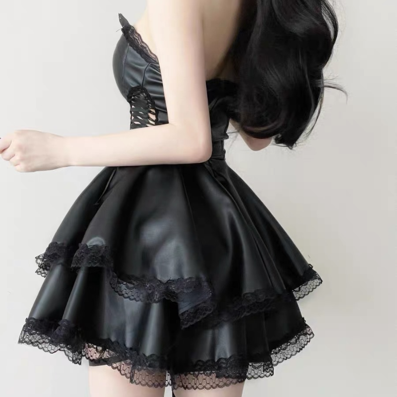 Robe fourreau en cuir Sexy, sans bretelles, ligne a, couleur unie, à lacets, à volants, mode femmes, dentelle épissée PU, robe sensuelle