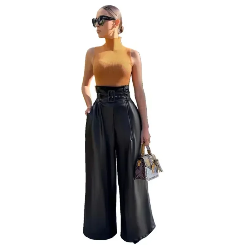 Pantalon taille haute en cuir PU pour femme, pantalon large noir, streetwear décontracté, surintendant ser, articles en gros, mode adt