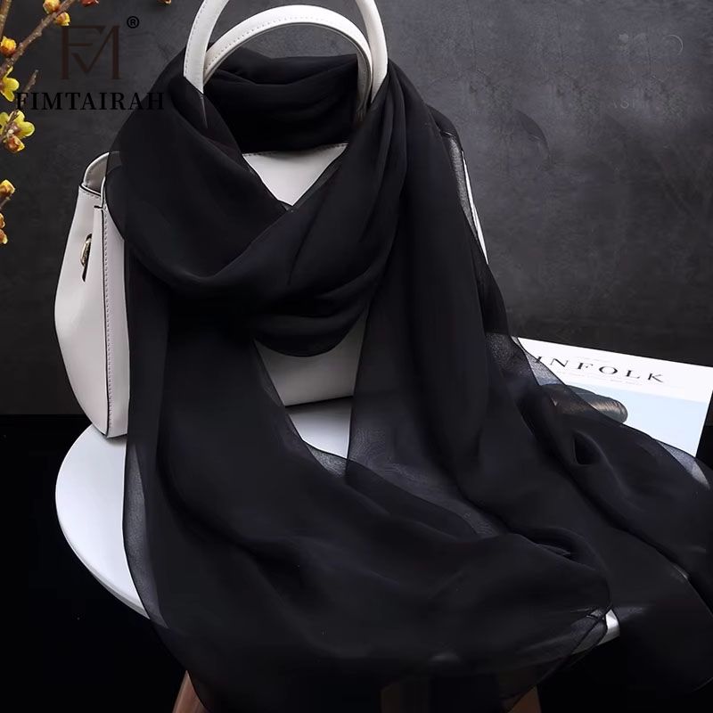 Fimchlorin-Foulard en mousseline de soie pour femme, couleur noire, 100% véritable, fine, solide