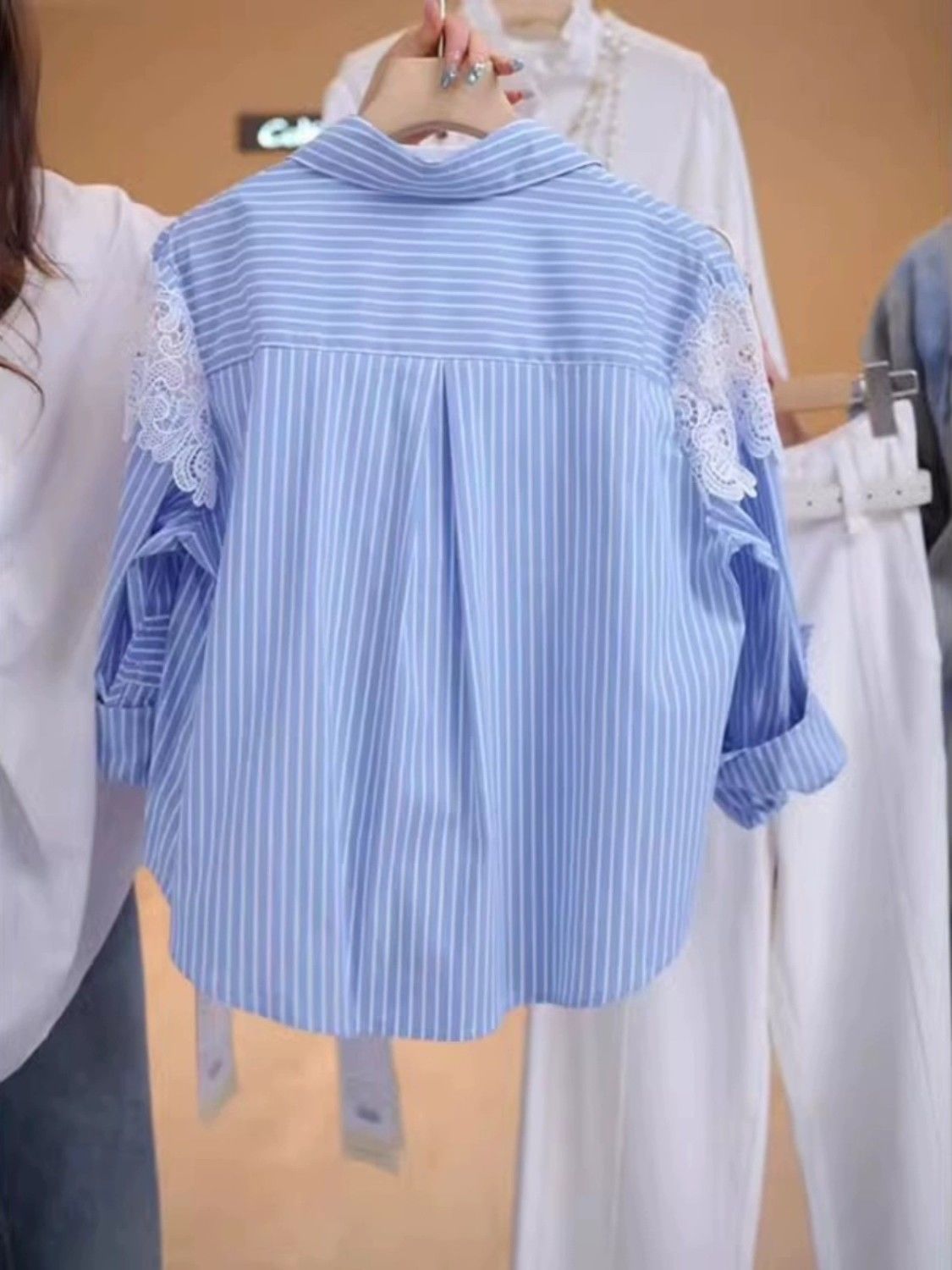 Chemise rayée à col Polo pour femmes, avec crochet en dentelle, nouvelle veste ample, printemps