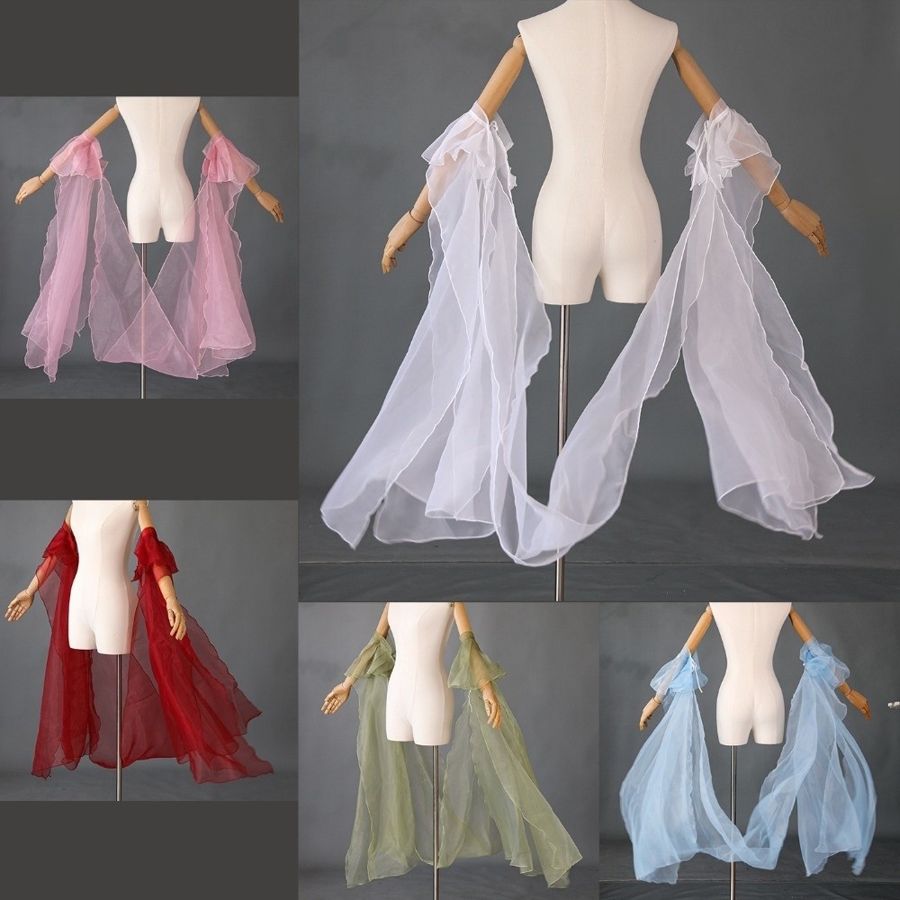 Élégantes manches chinoises Hanfu en organza avec lacets, manches de fée fluides en dentelle, châle pour femme, costume de danse