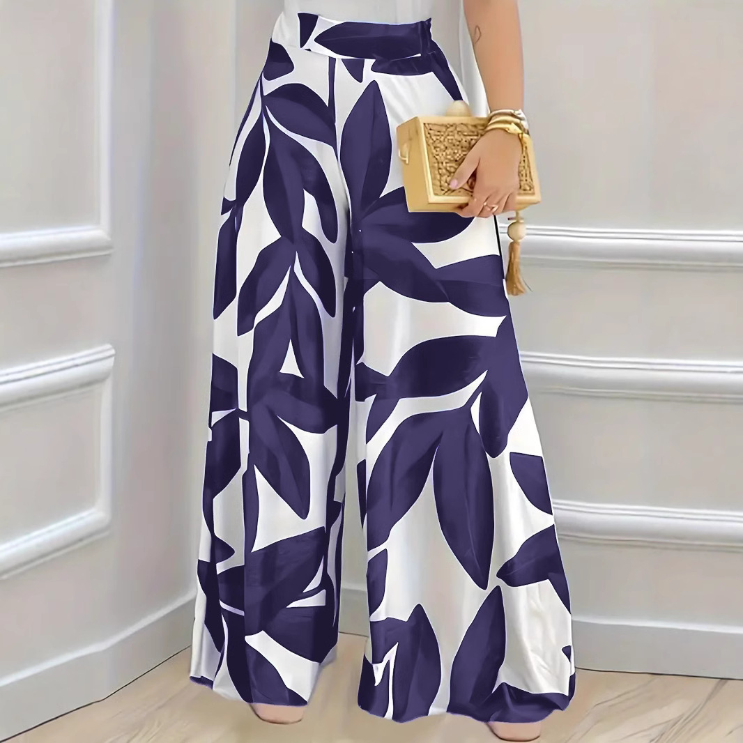 Pantalon Boho pour femmes, mode élégante, ample, jambes larges, imprimé feuilles blanches et bleues, confortable, décontracté, Long, vêtements pour femmes