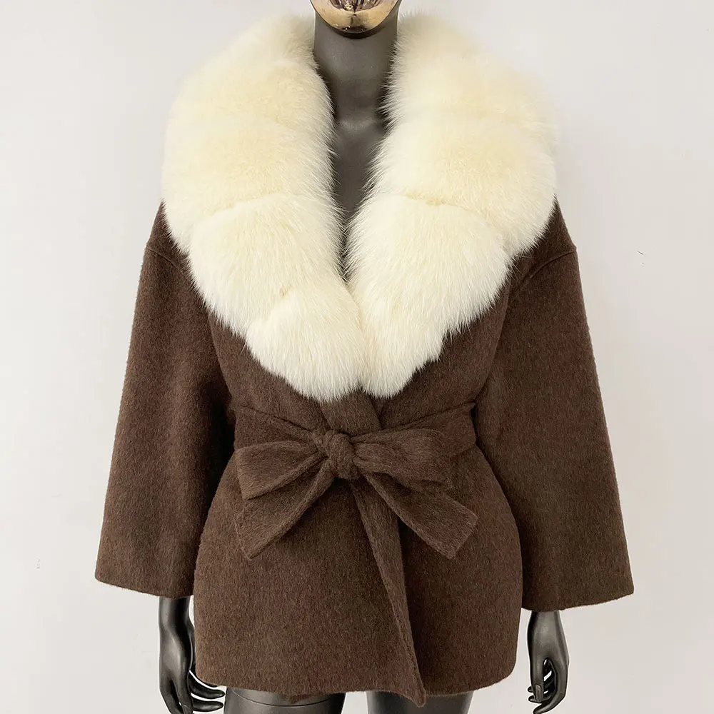 OFT-Manteau en Vraie Fourrure de Raton Laveur et de Renard pour Femme, Veste en Laine Mélangée avec Poche à Ceinture, Streetwear Décontracté, Hiver 2024