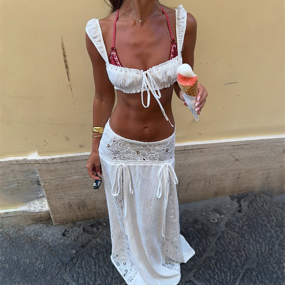 Ensemble 2 pièces Boho Vintage pour femmes, haut caraco à nouer et jupe longue en dentelle Patchwork, taille basse, pour vacances d'été, pour fête sur la plage