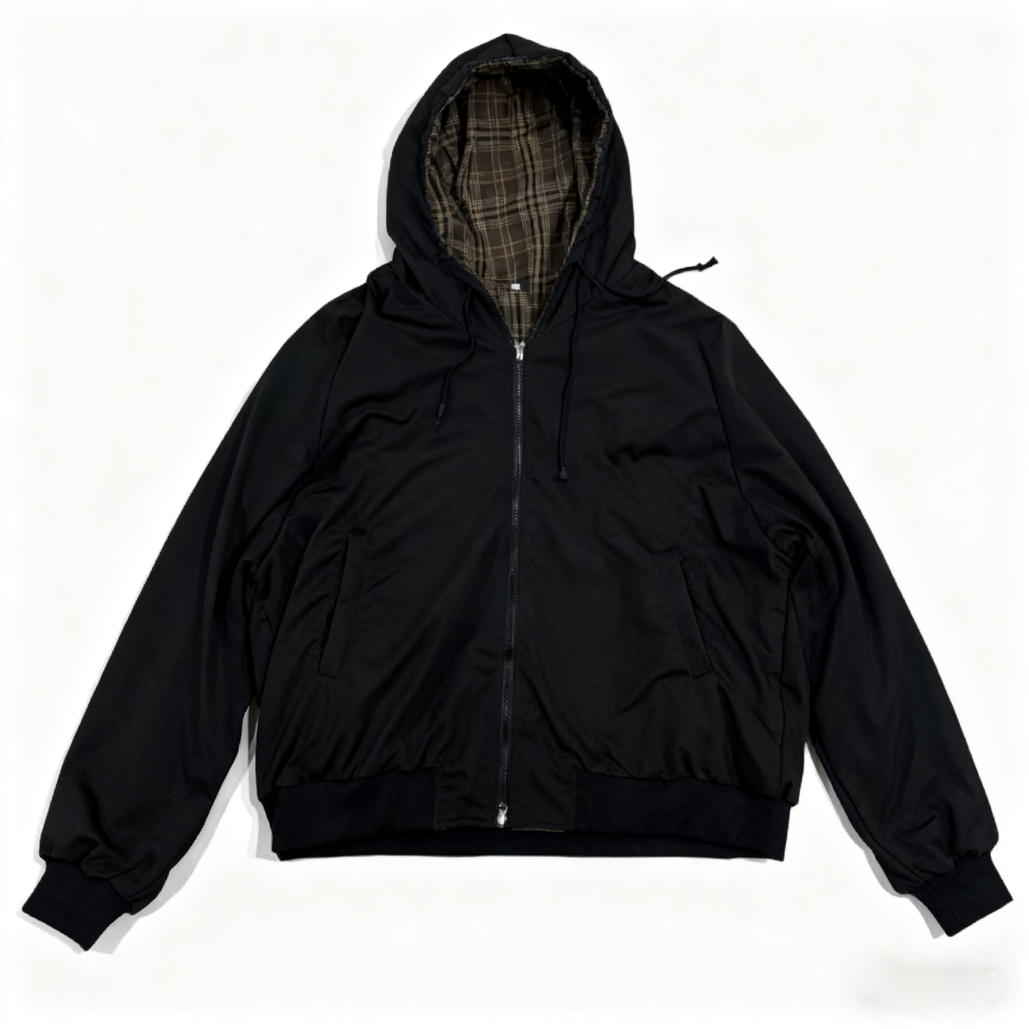 Veste réversible à capuche unisexe noire pour femme avec doublure à carreaux marron, vêtements de sport décontractés polyvalents pour l'extérieur, confortables et chauds