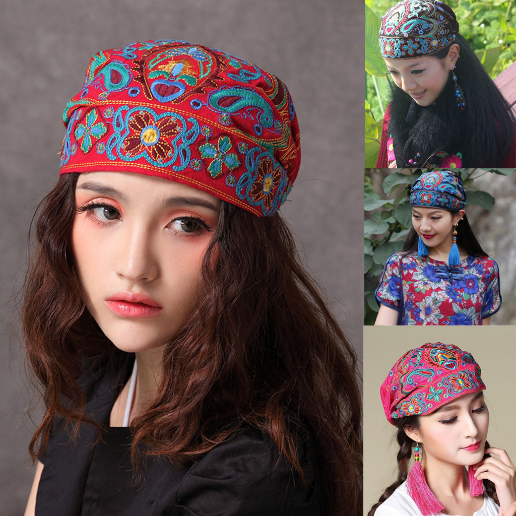 Chapeau brodé de fleurs pour femmes, style mexicain ethnique vintage, imprimé rouge